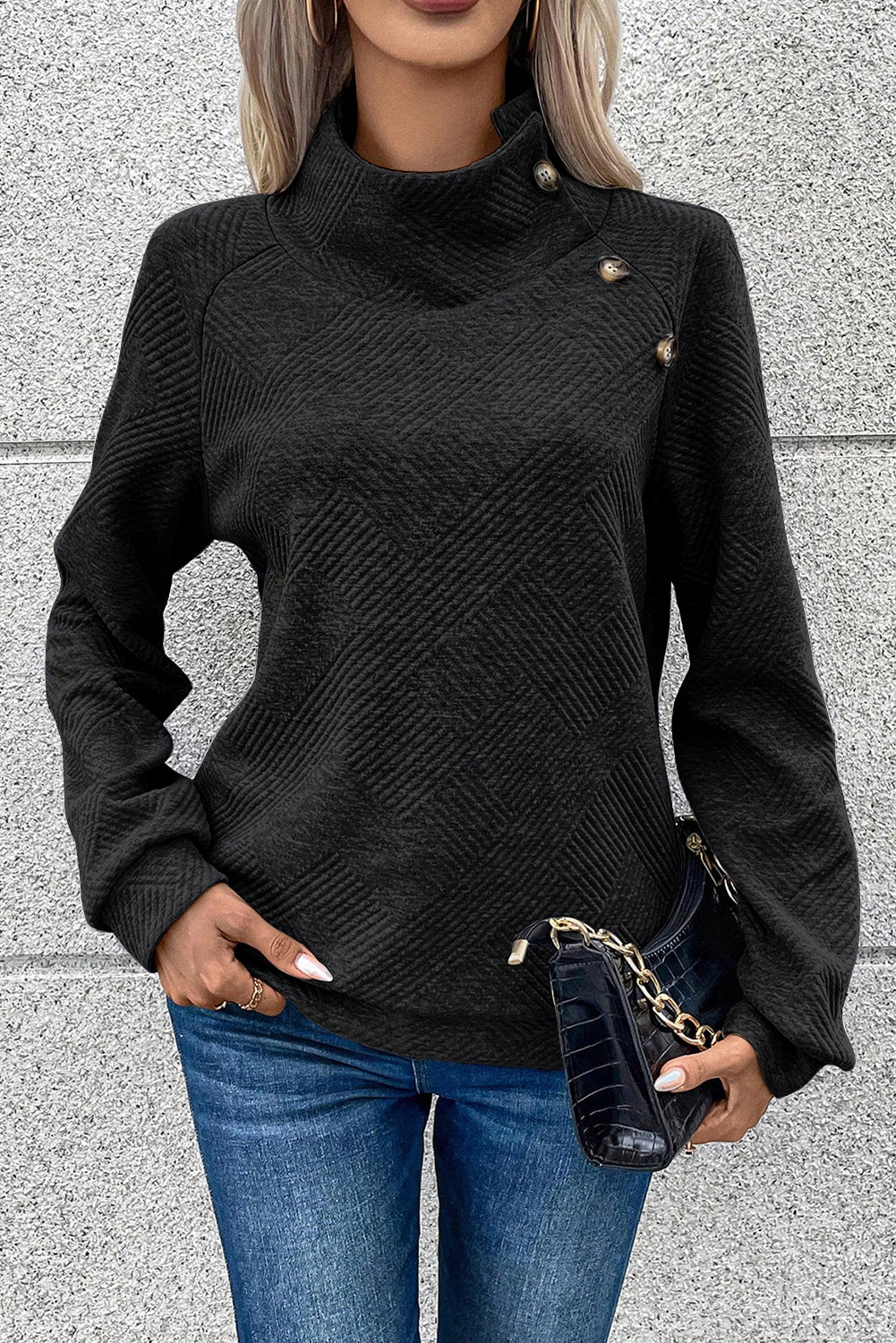 Textured Knit Buttoned Kangaroo Pocket Sweatshirt