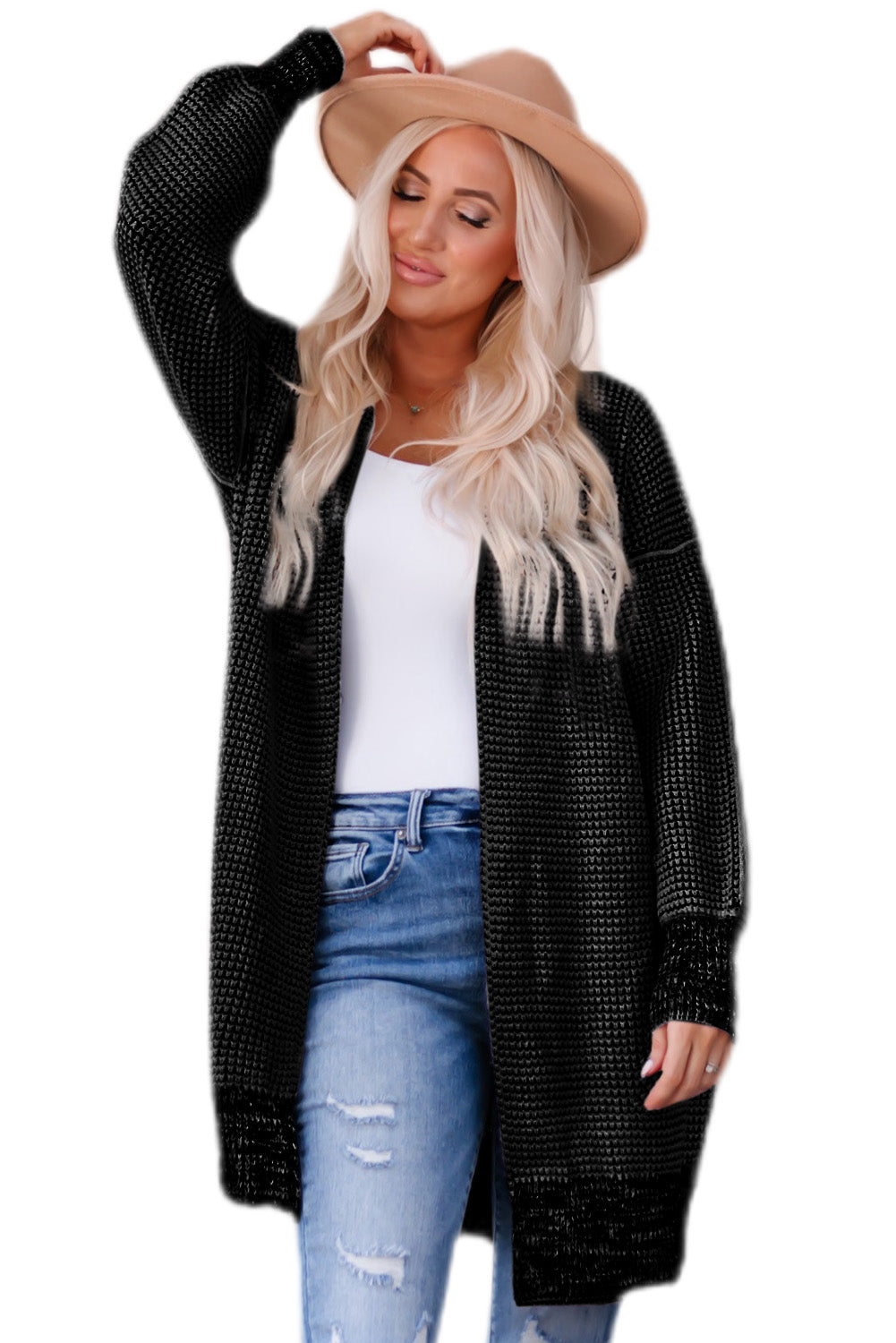 Plaid Knitted Long Open Front Cardigan