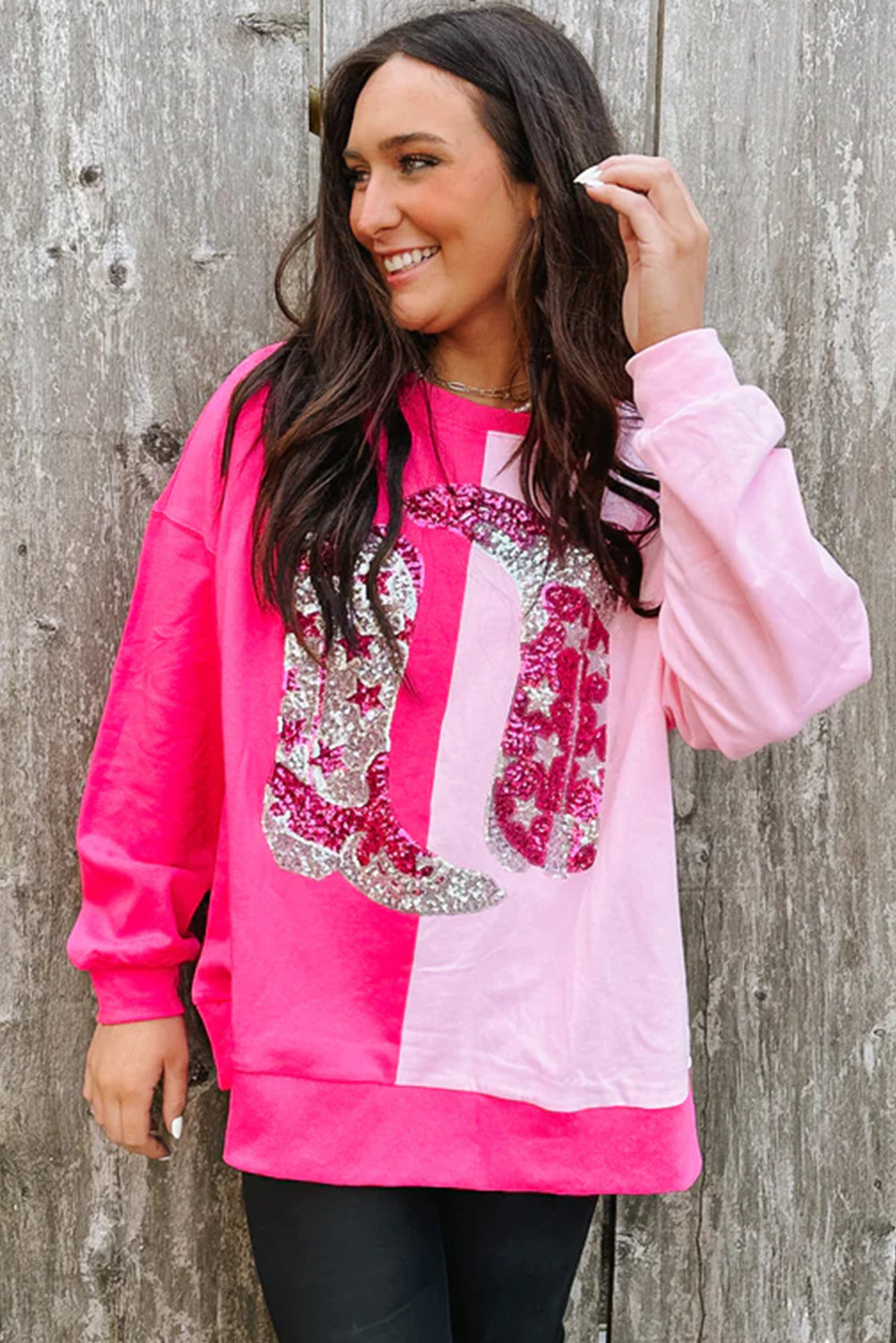 Pink Color Block Sequined Cowgirl Boots Graphic Sweatshirt