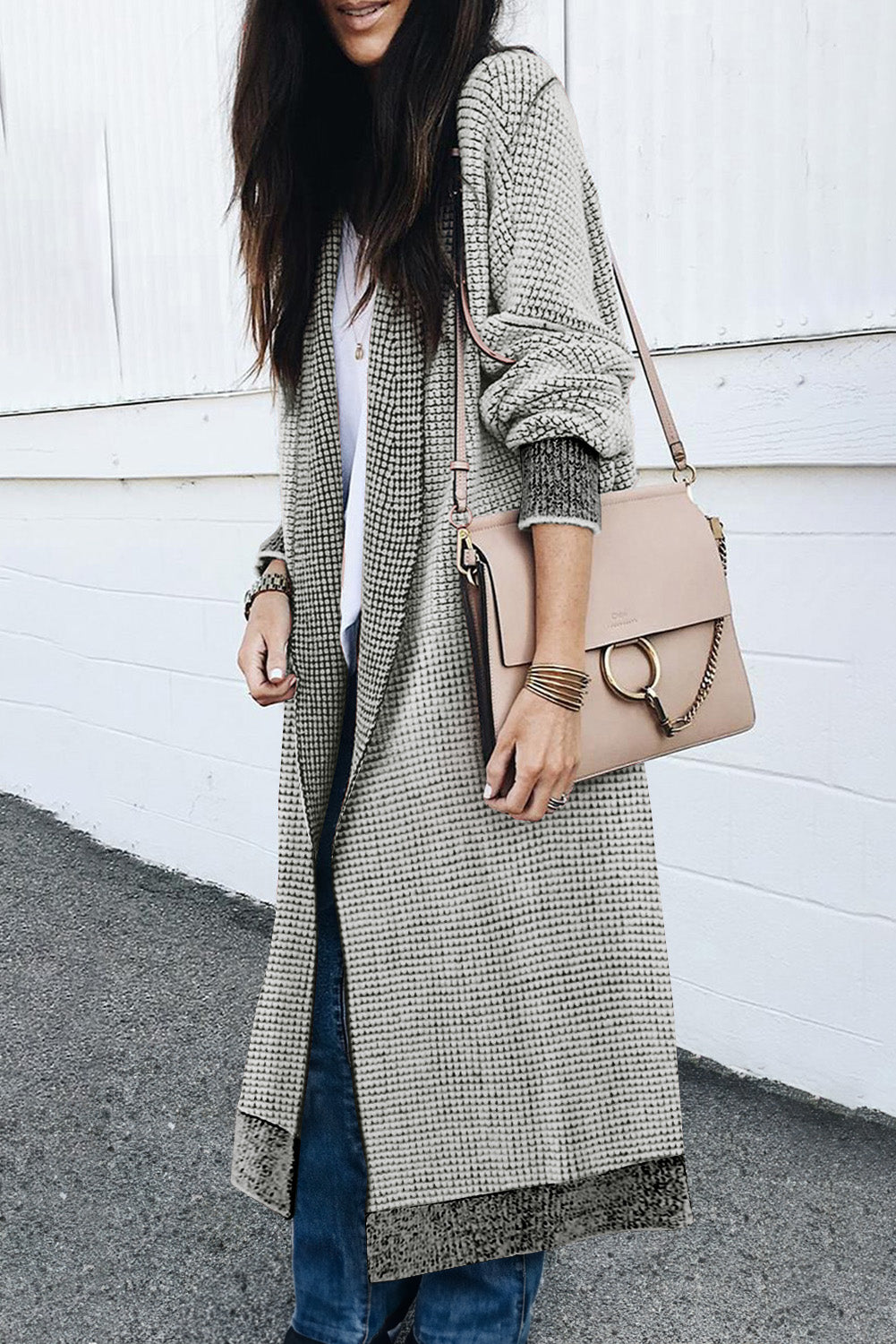 Plaid Knitted Long Open Front Cardigan