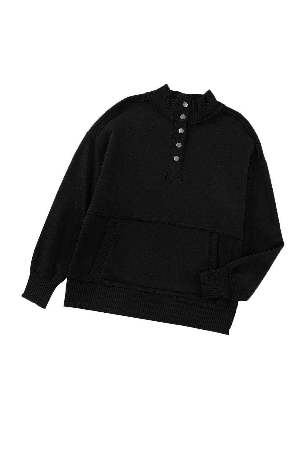 Black Ribbed Hem Snap Button Neckline Sweatshirt with Pocket