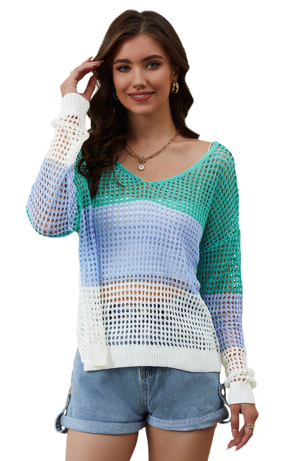 Color Block Eyelet Long Sleeve Twisted Back Knit Top