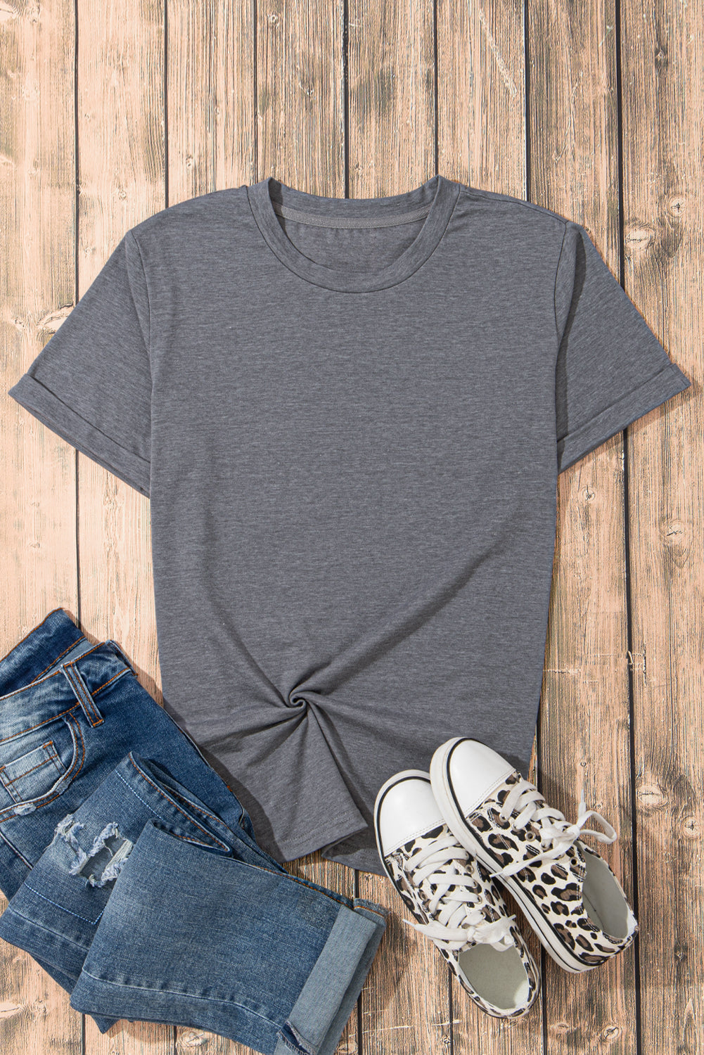 Khaki Casual Plain Crew Neck Tee