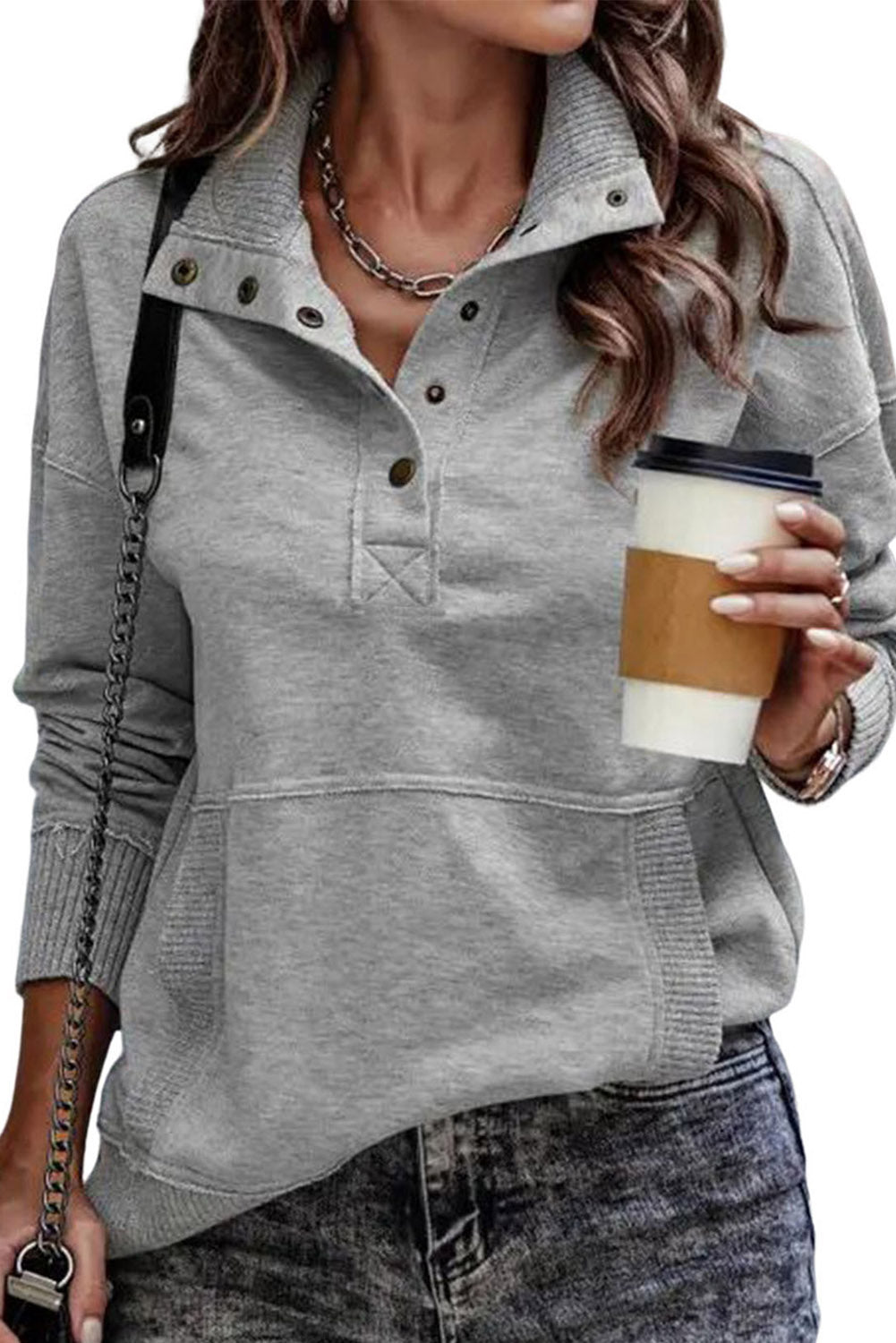 Black Ribbed Hem Snap Button Neckline Sweatshirt with Pocket