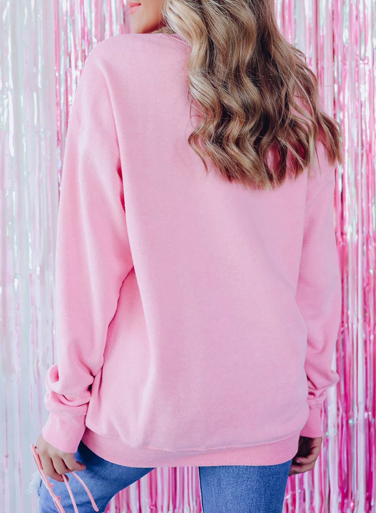 Pink Howdy Heart Graphic Round Neck Casual Sweater