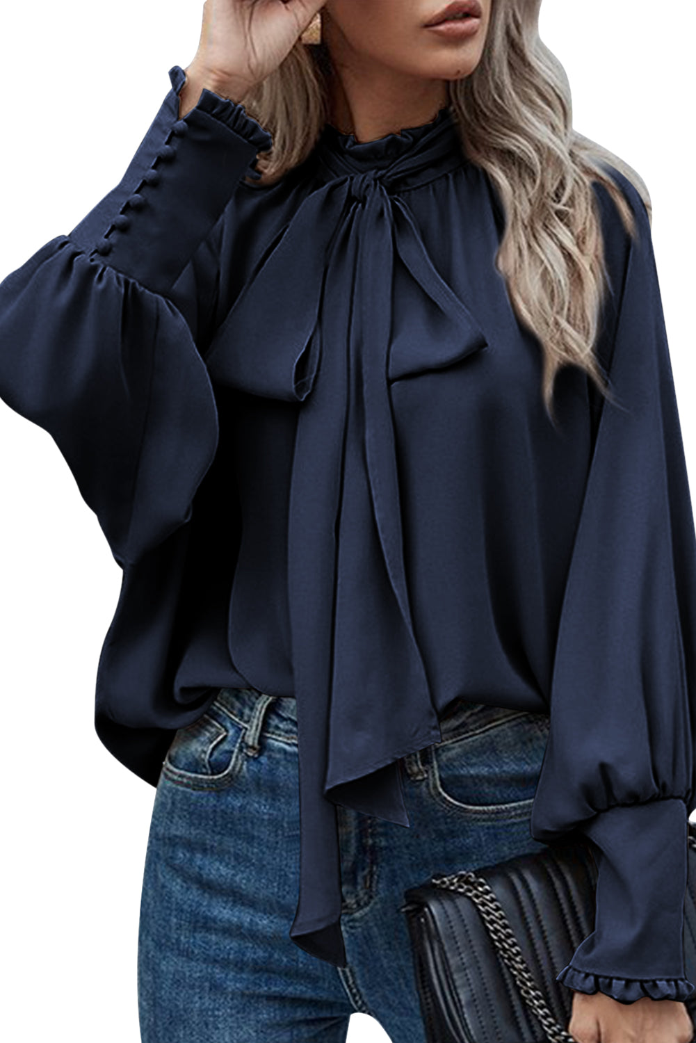 Frilled Knotted Mock Neck Bishop Sleeve Blouse