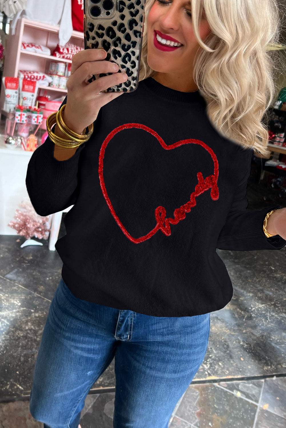 Pink Howdy Heart Graphic Round Neck Casual Sweater