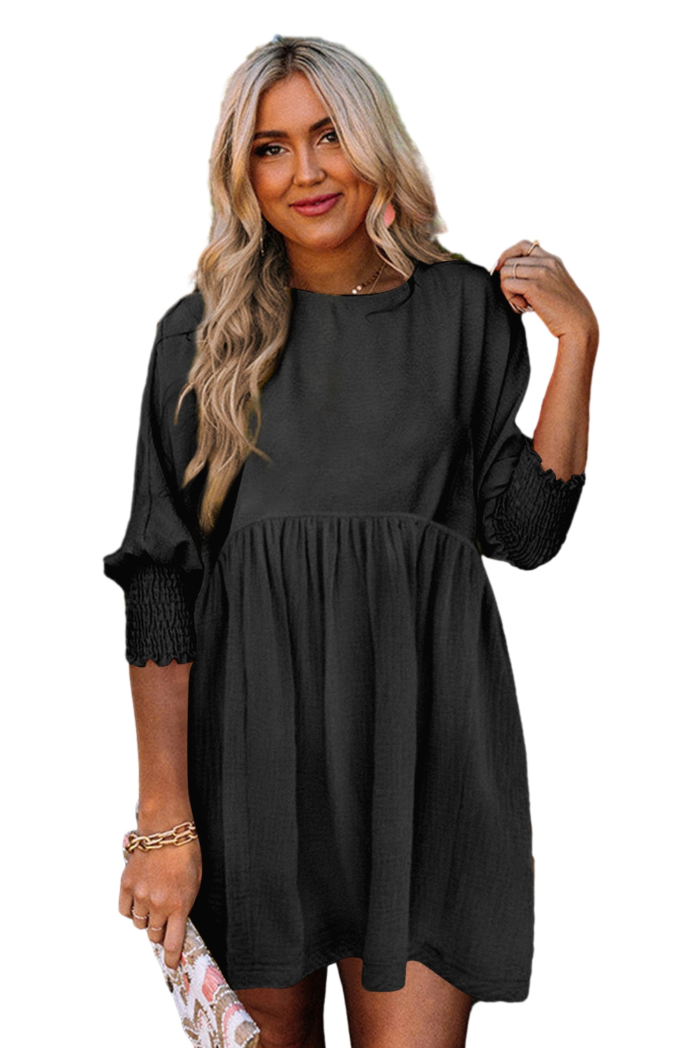 Black Smocked Wrist Shift Top