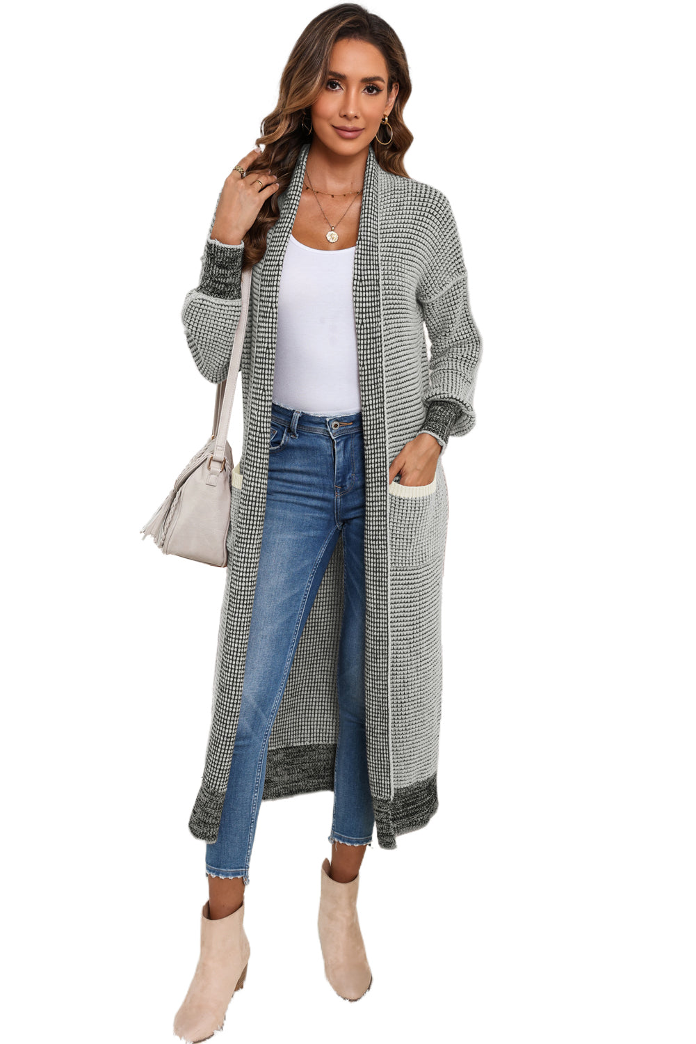 Plaid Knitted Long Open Front Cardigan