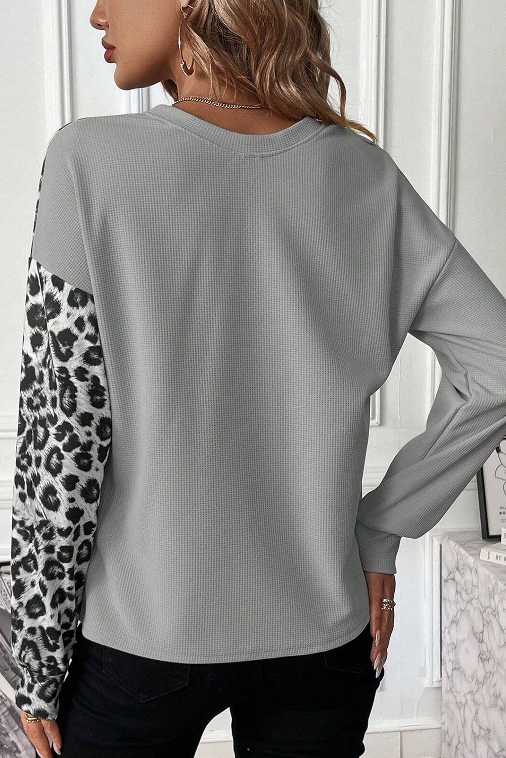 Bonbon Leopard Colorblock Waffle Knit Top