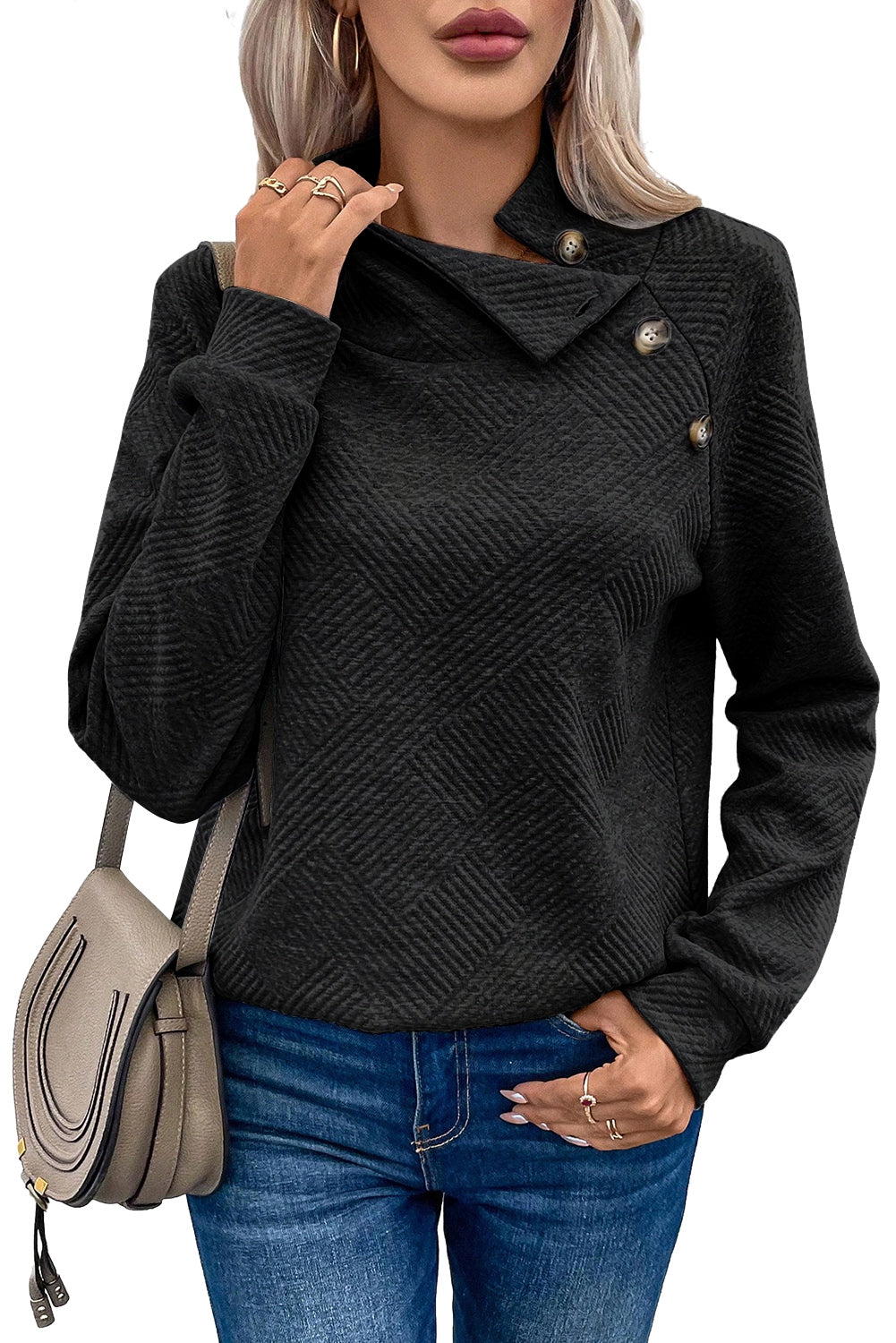 Textured Knit Buttoned Kangaroo Pocket Sweatshirt