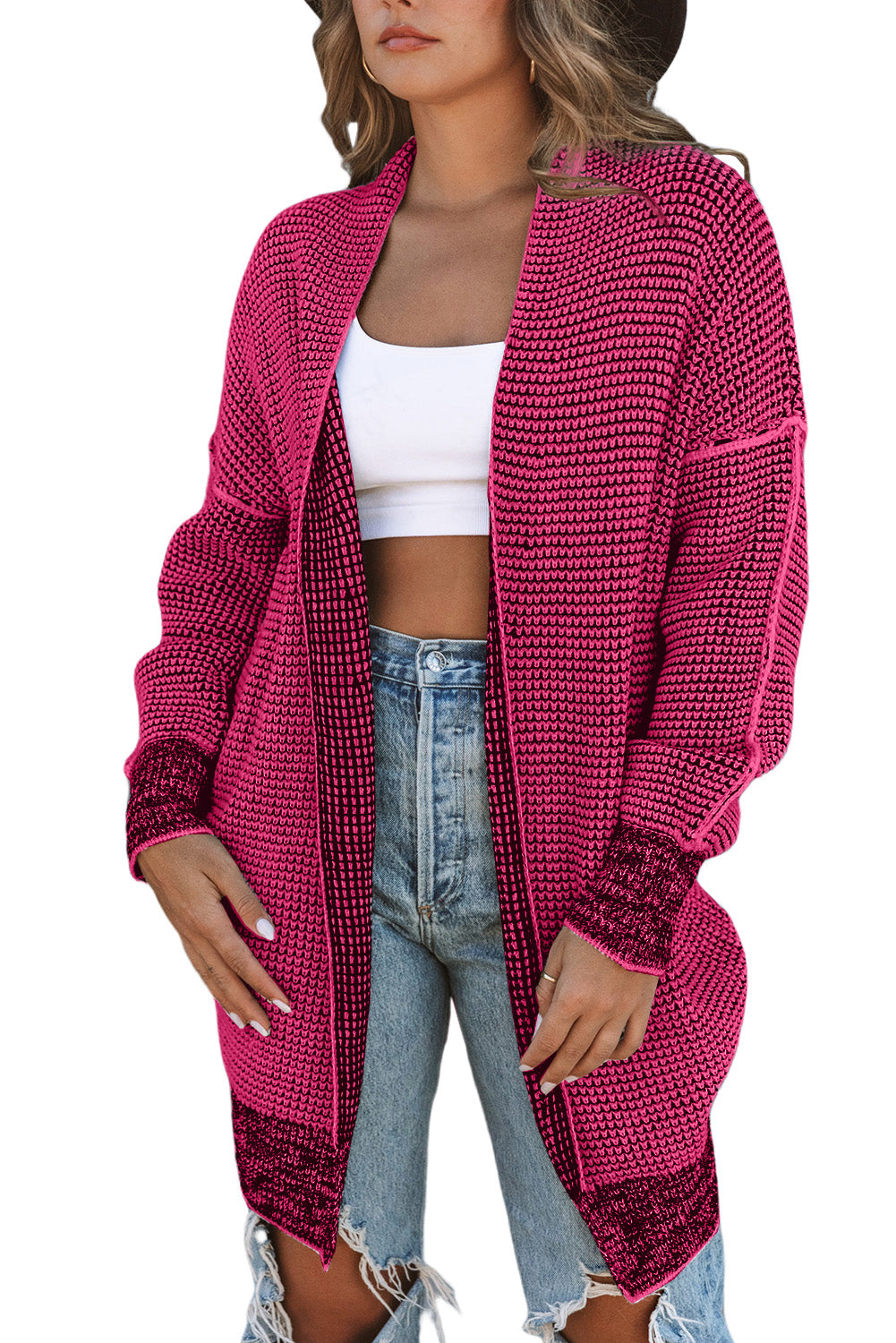 Plaid Knitted Long Open Front Cardigan