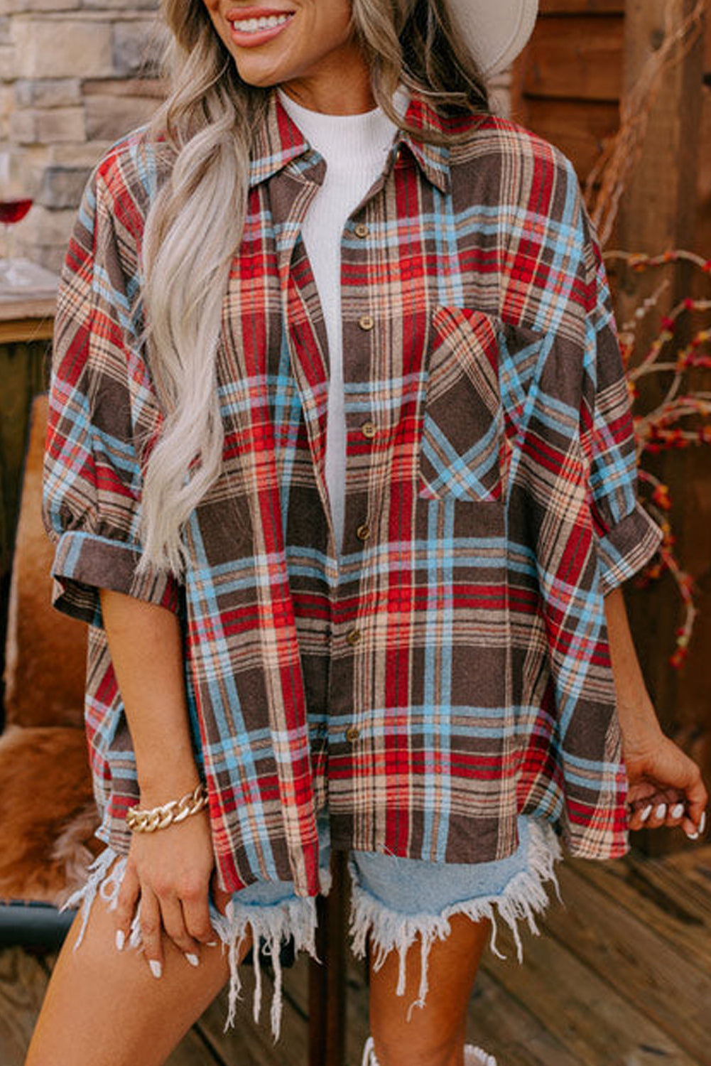 Fiery Red Loose Bracelet Sleeve Plaid Shirt