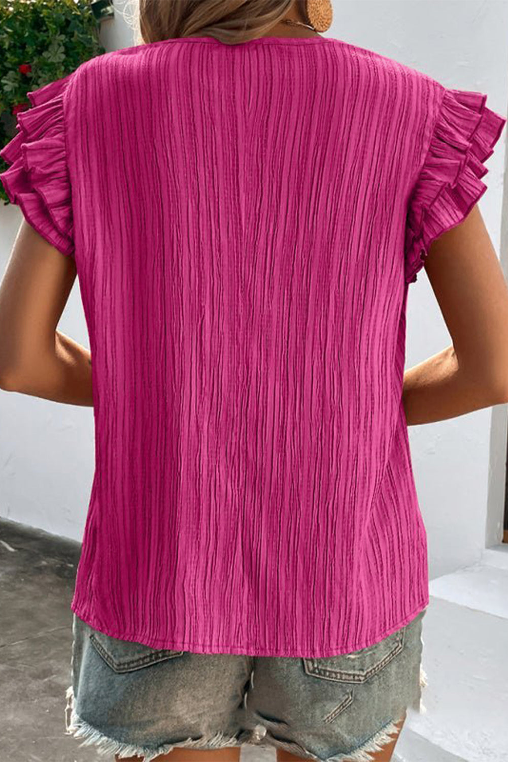 Textured Ruffled Sleeve V Neck Top