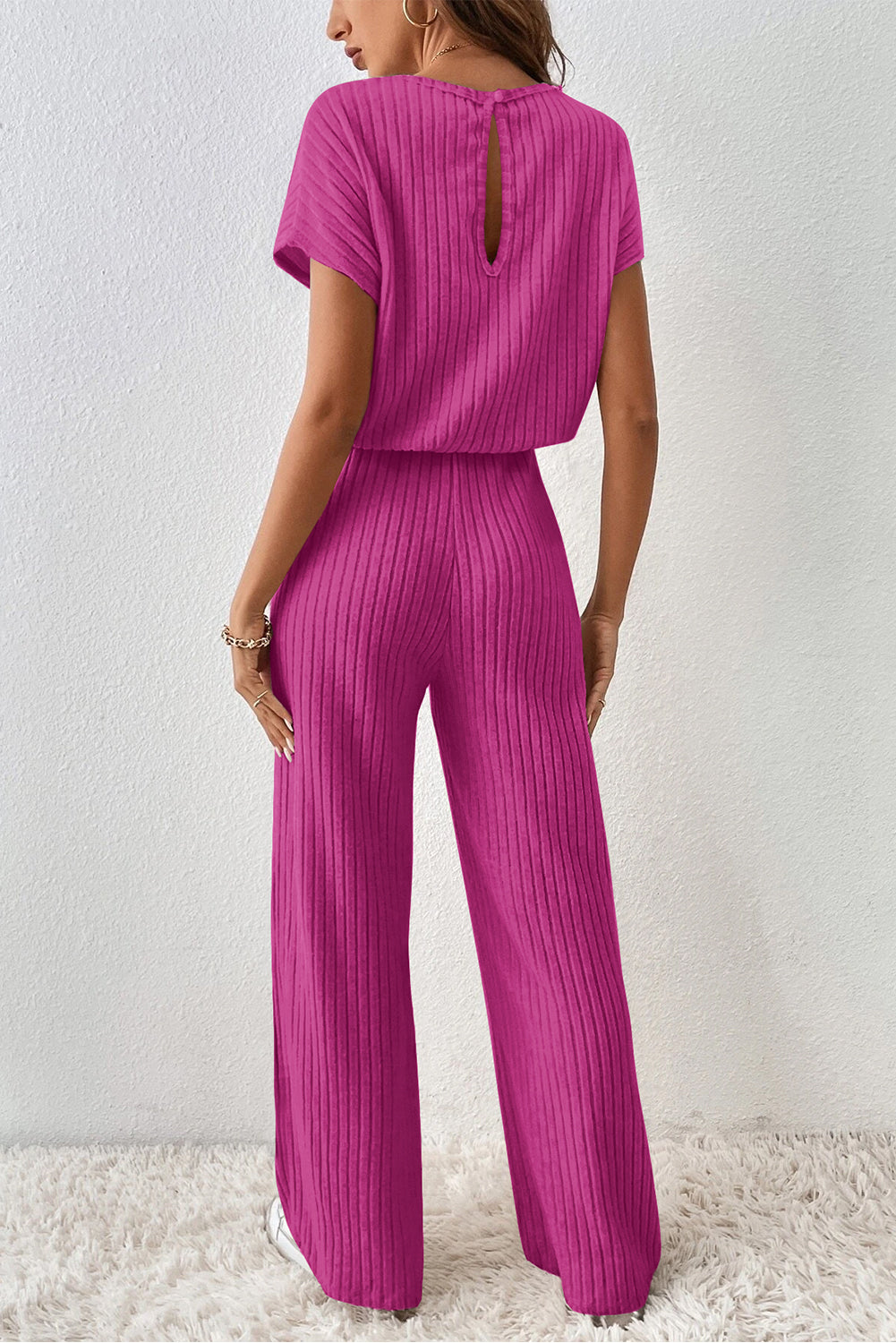 Parchment Solid Color Ribbed Short Sleeve Wide Leg Jumpsuit