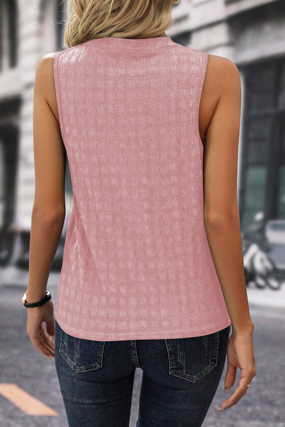 Light French Beige Lattice Textured Split Neck Tank Top