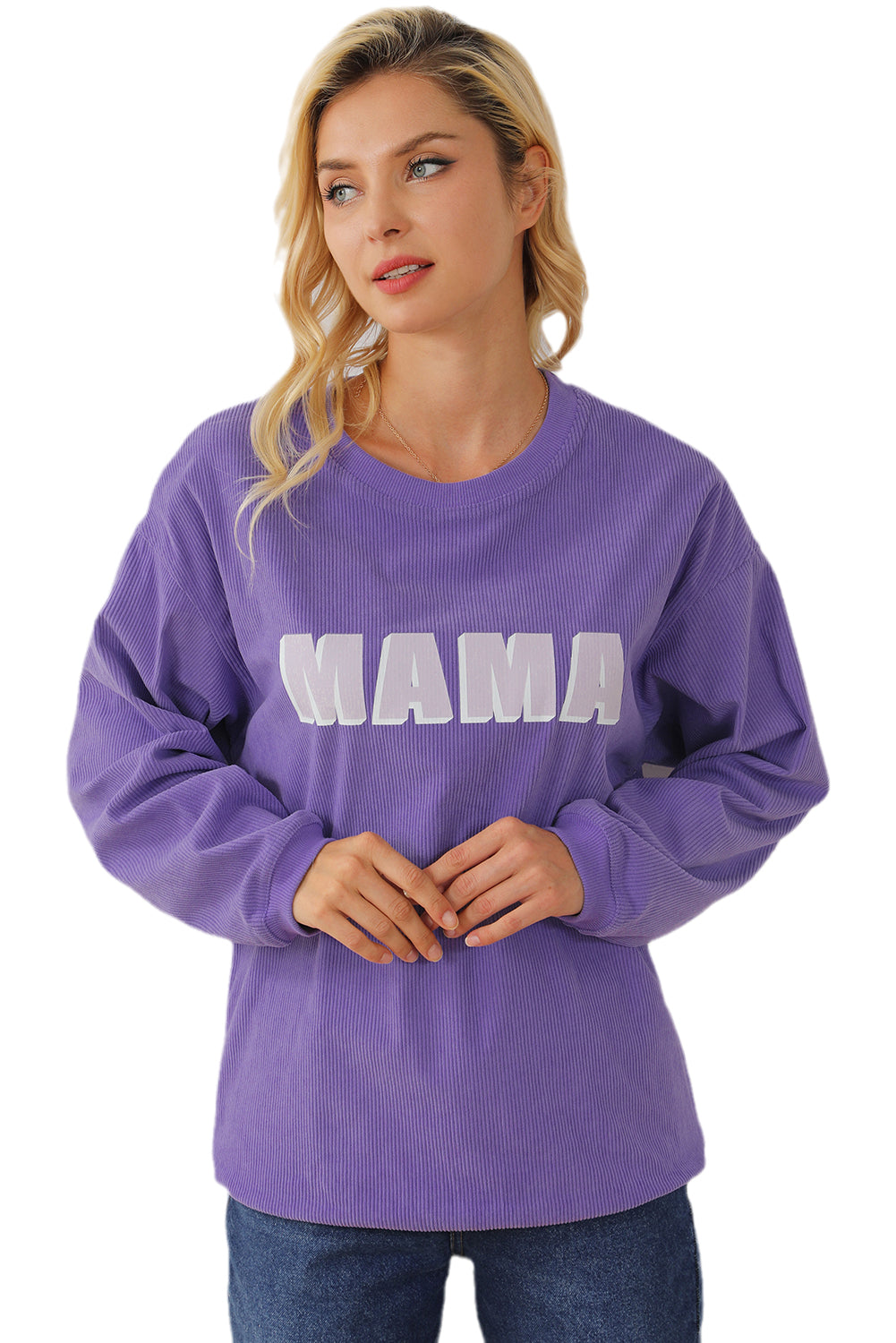 Purple MAMA Ribbed Crew Neck Pullover Sweatshirt