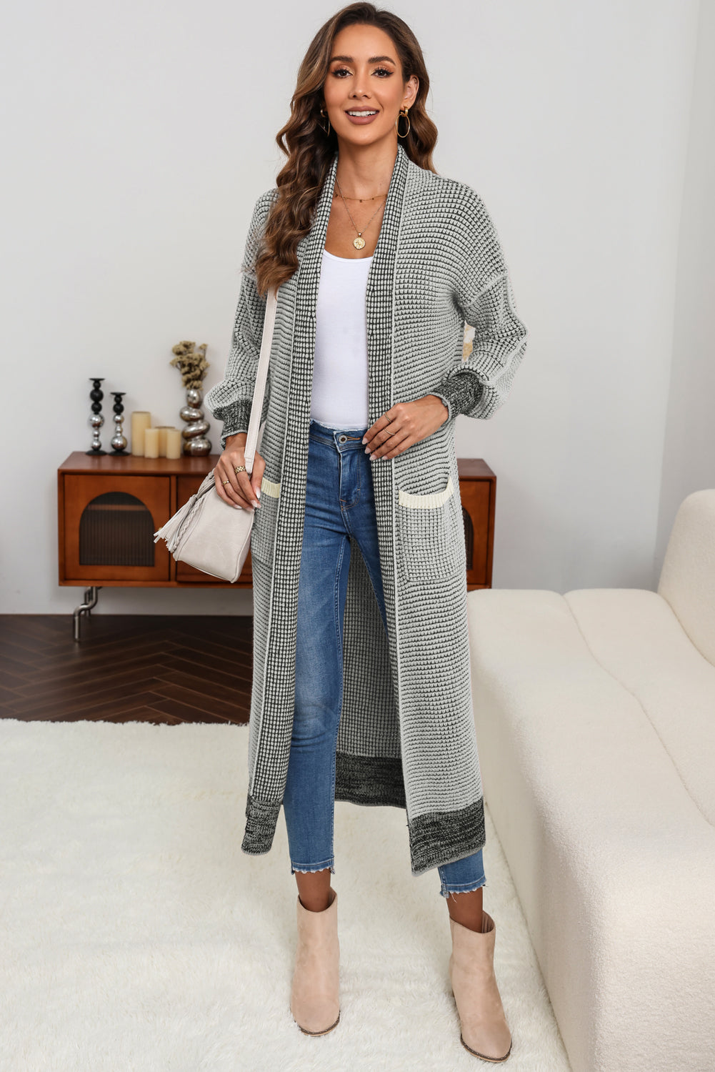 Plaid Knitted Long Open Front Cardigan