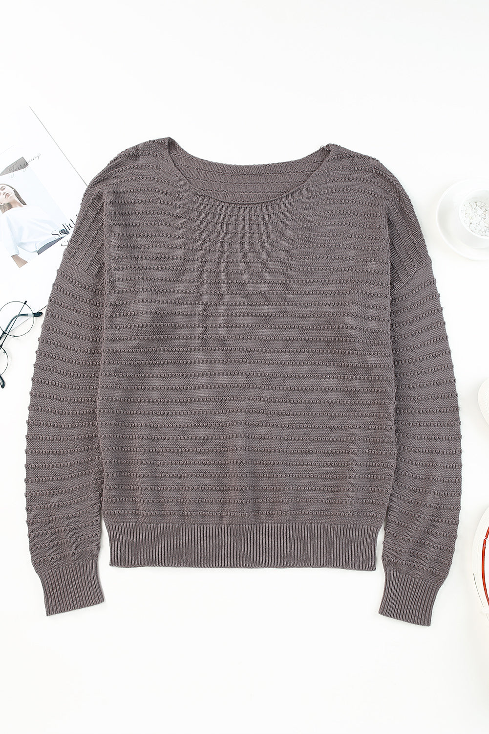 Gray Textured Knit Round Neck Dolman Sleeve Sweater