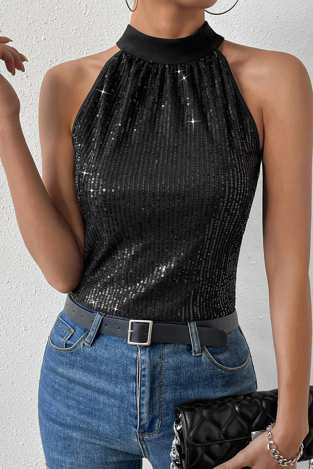 Black Keyhole Tie Back Sequined Tank Top