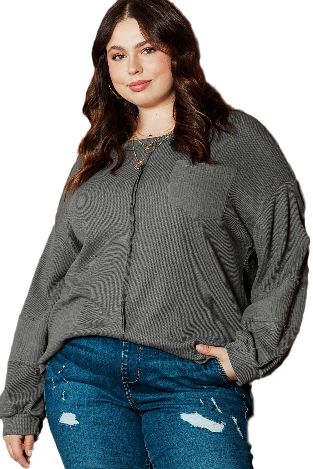 Dark Grey Plus Size Exposed Seam Crinkle Patchwork Top