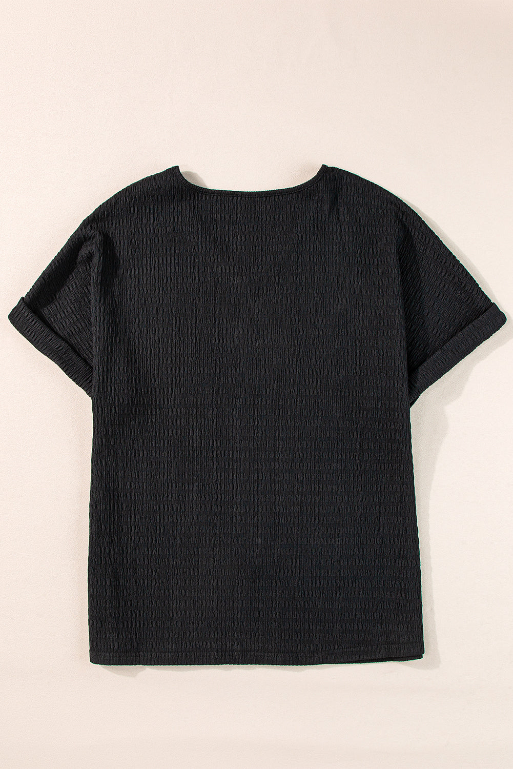 Textured Rolled Short Sleeve V Neck Tee