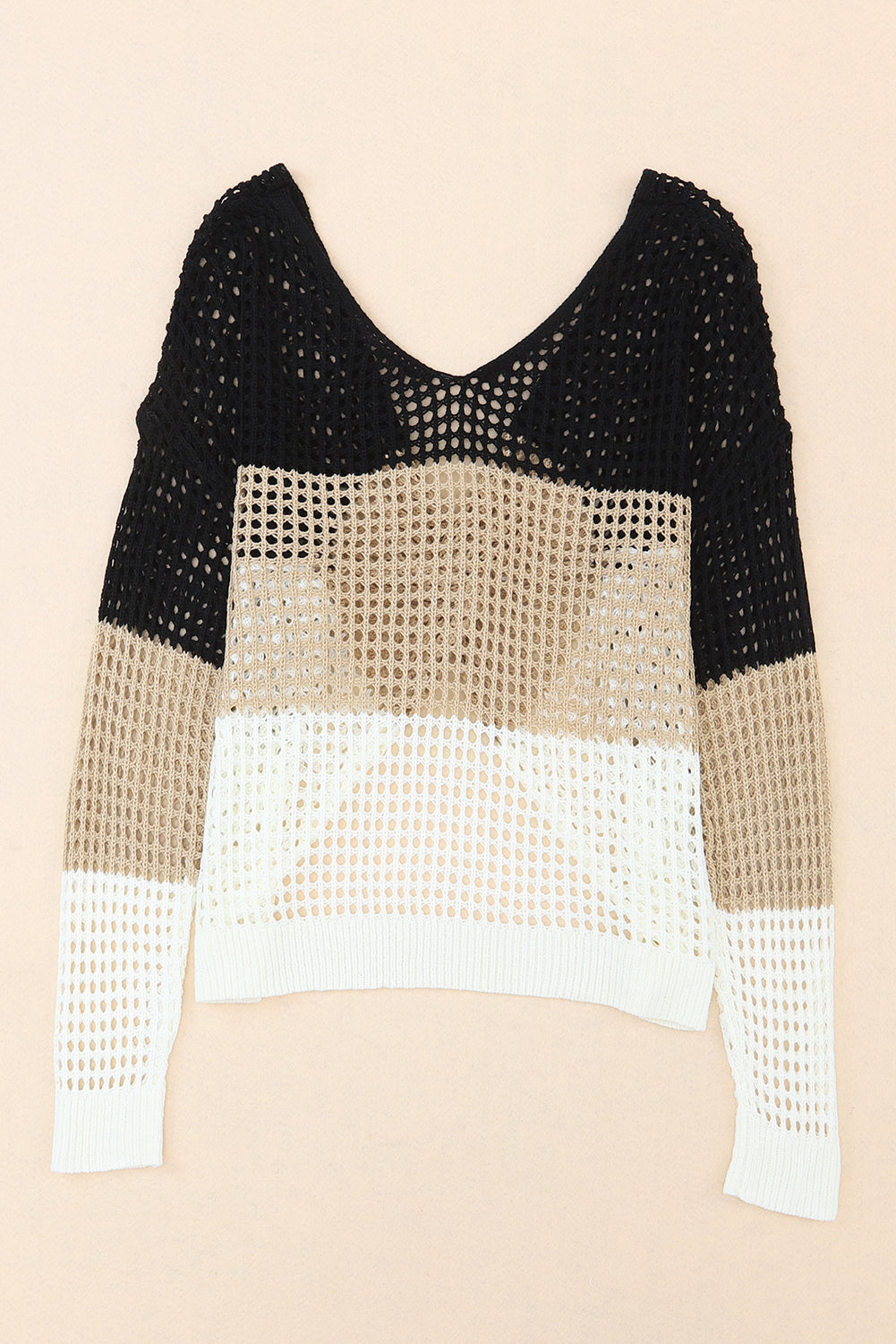 Color Block Eyelet Long Sleeve Twisted Back Knit Top