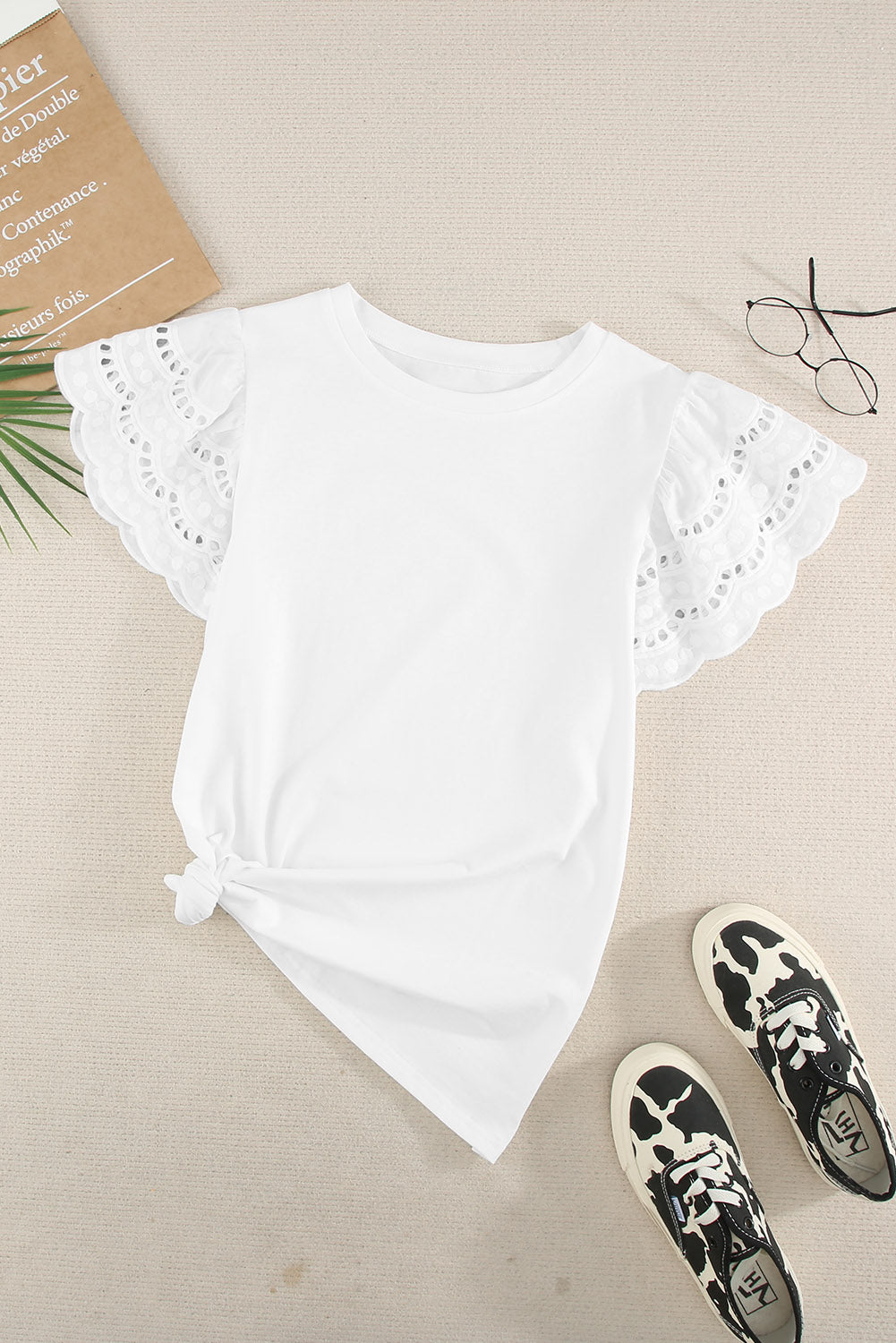 Black Hollow Out Ruffle Sleeve T-shirt