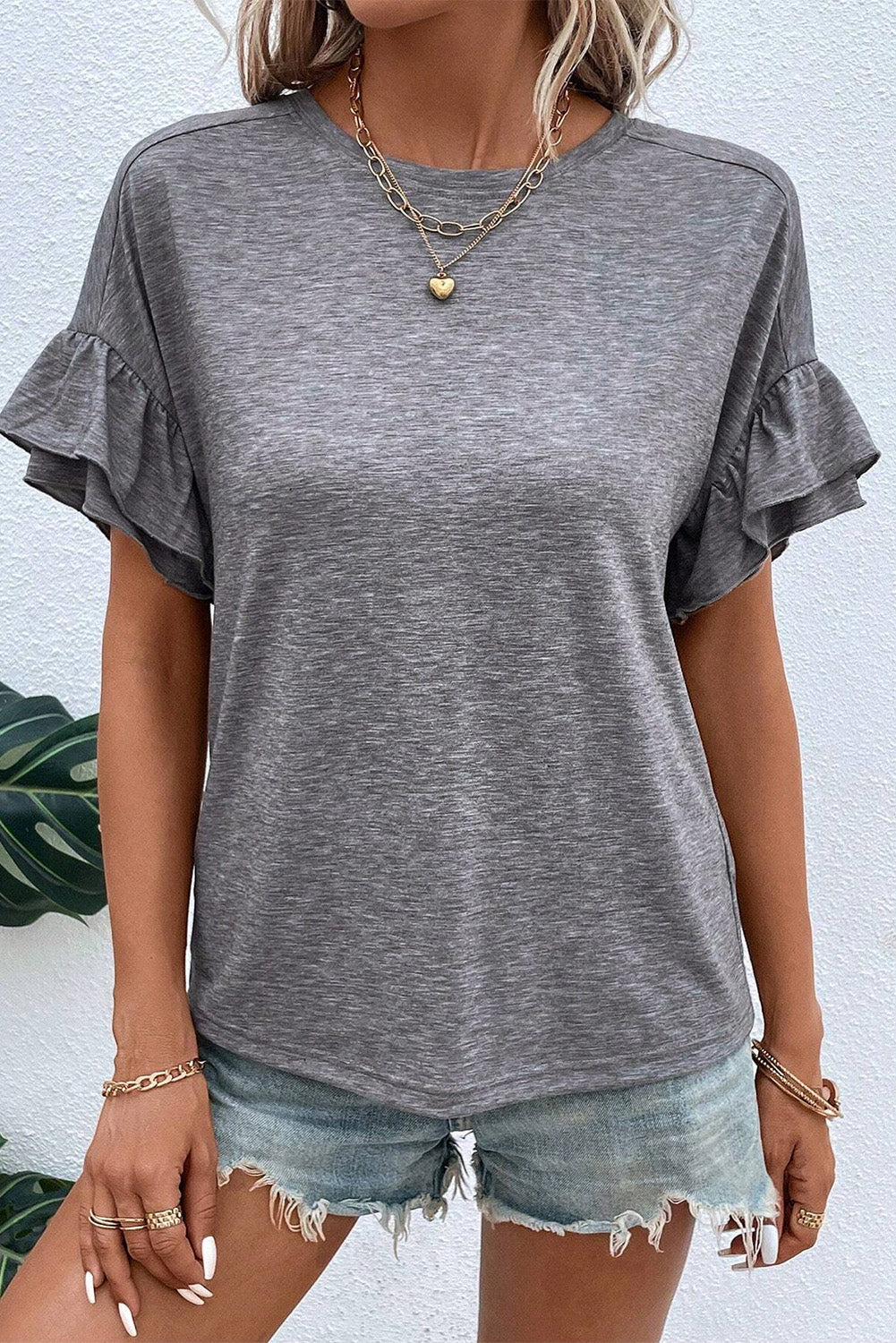 Grey Tiered Ruffle Sleeve Crew Neck Drop Shoulder Top