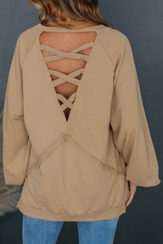 Light French Beige Solid Color Lattice Hollow Out Back Sweatshirt