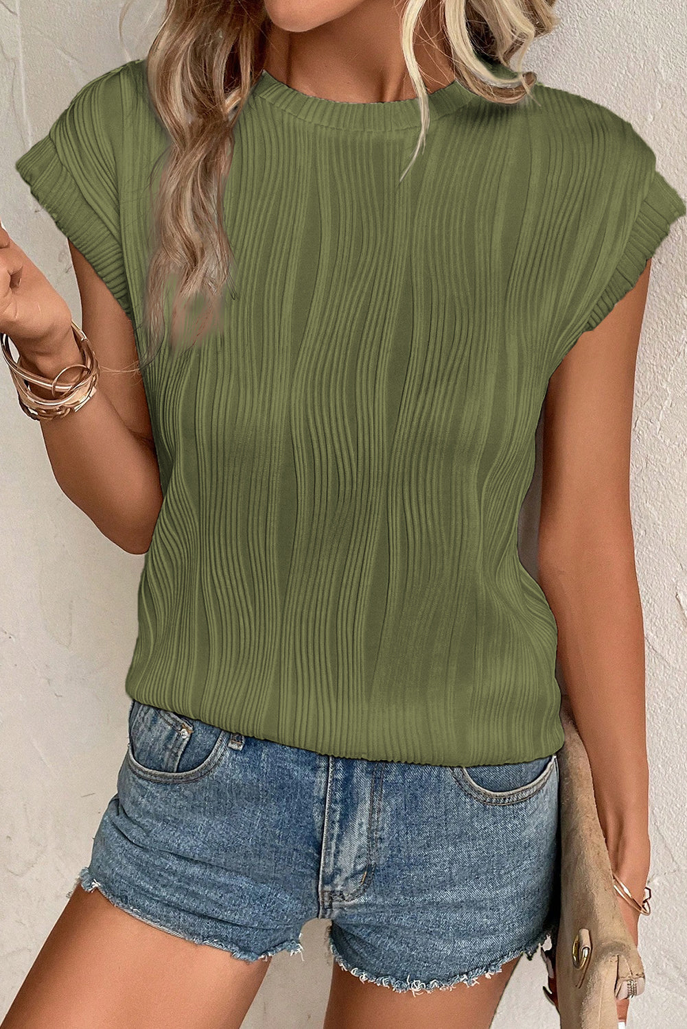 Wavy Texture Cap Sleeve Top