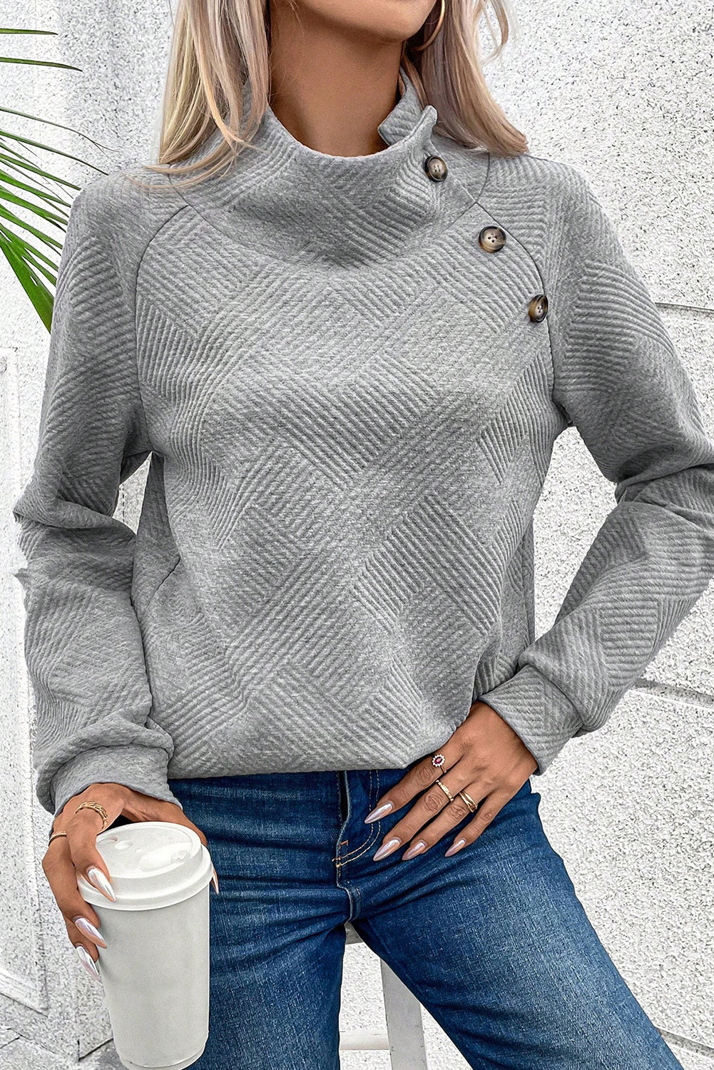 Textured Knit Buttoned Kangaroo Pocket Sweatshirt