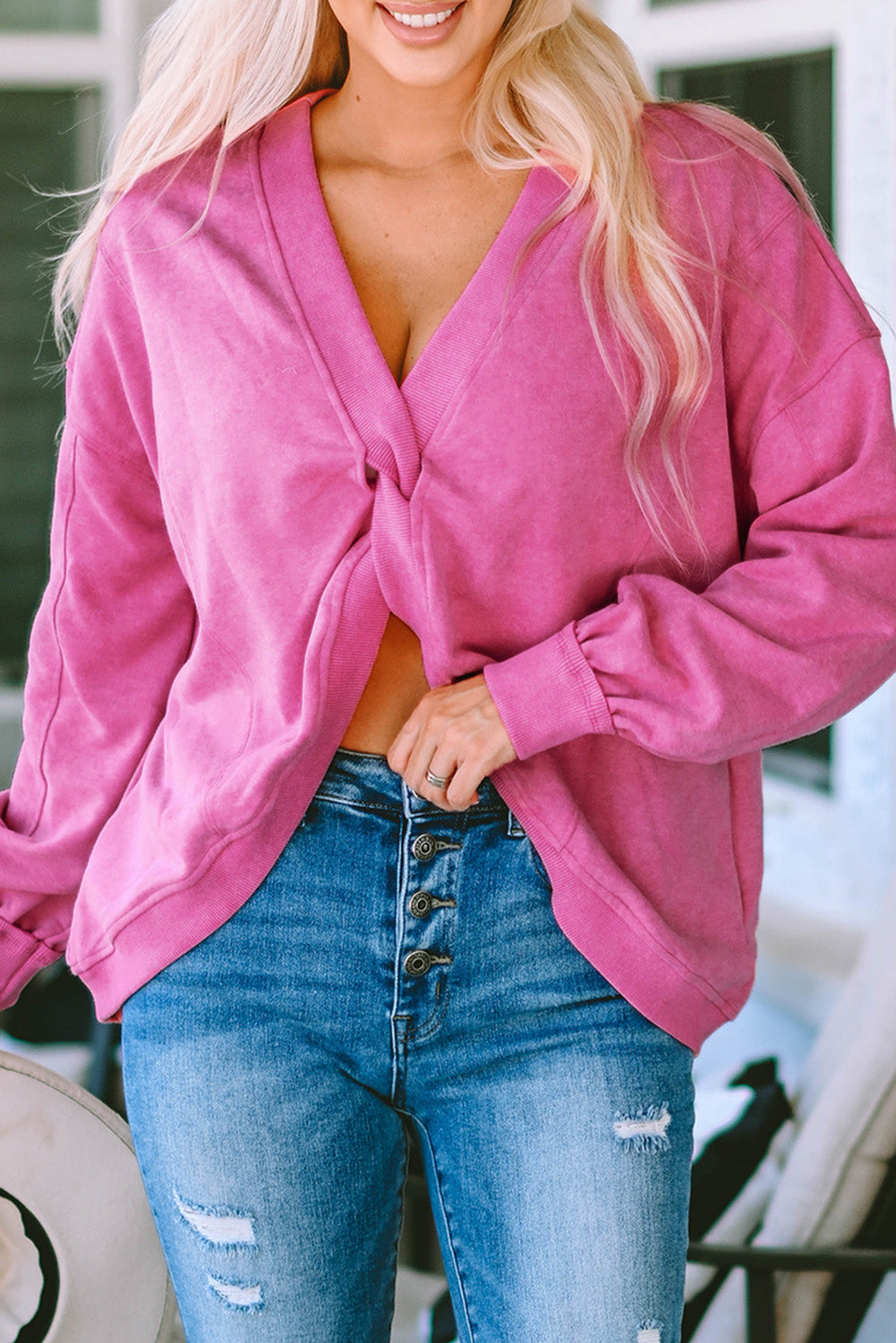 Rose Exposed Seam Twist Open Back Oversized Sweatshirt