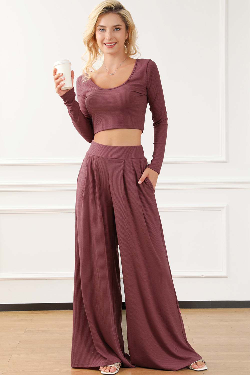 Black Solid Color Ribbed Crop Top Long Pants Set