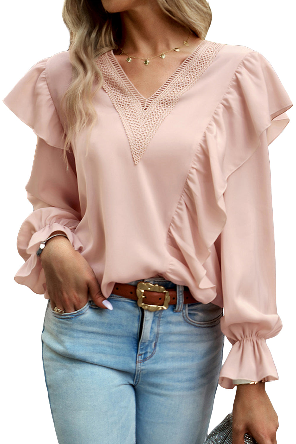 Pink Crochet V Neck Flounce Sleeve Ruffled Blouse