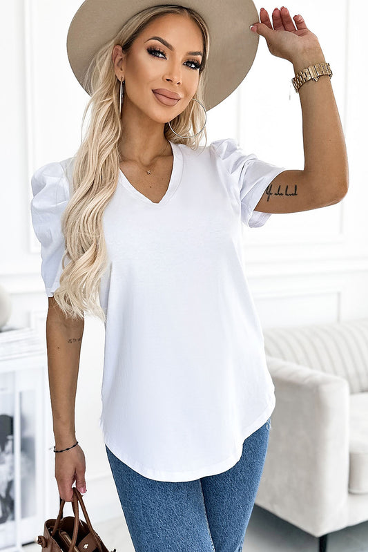 Sequin Bow Patched Puff Sleeve T Shirt