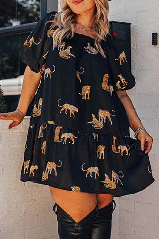 Plus Size Cheetah Print Puff Sleeve Ruffle Mini Dress