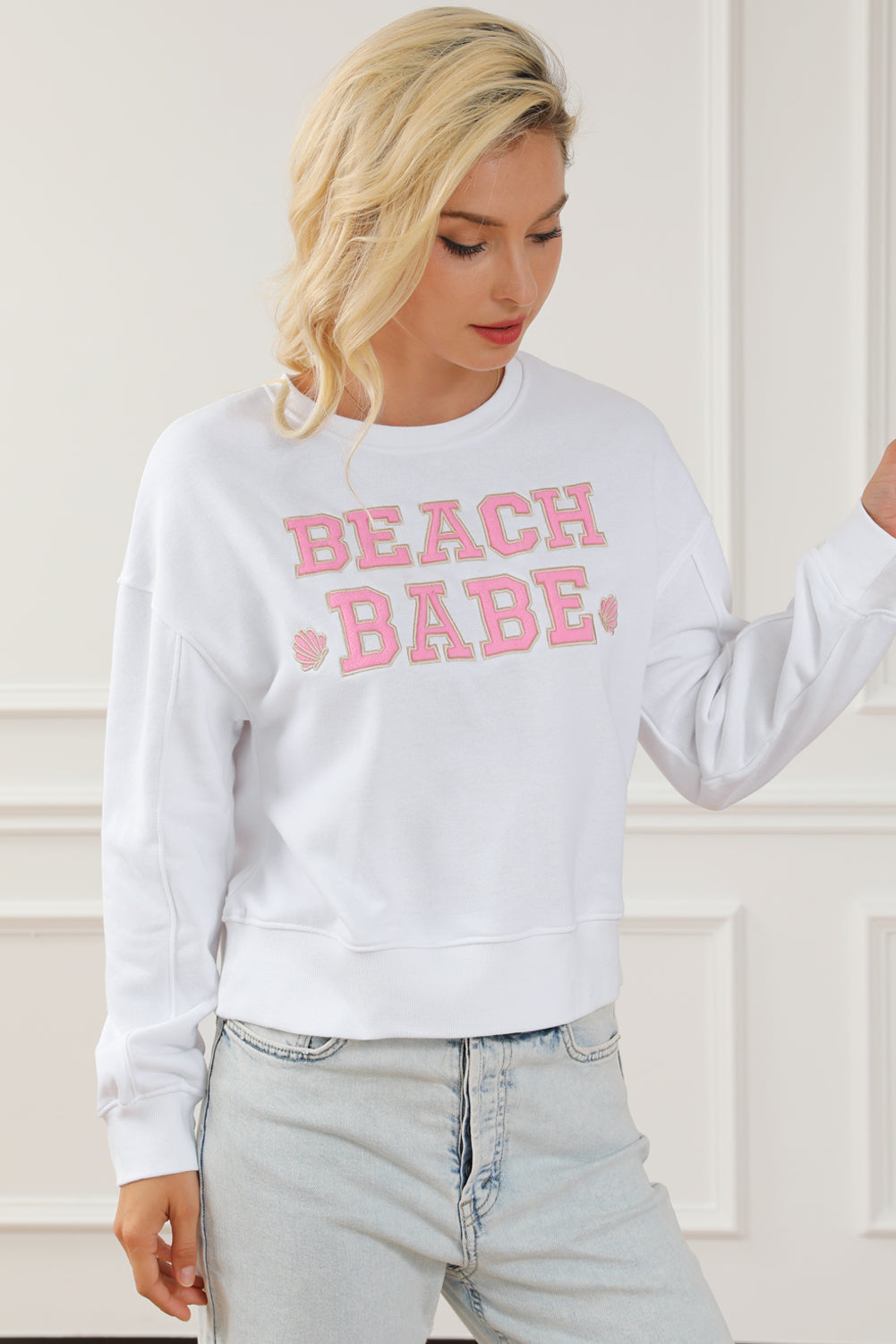 White BEACH BABE Slogan Graphic Casual Sweatshirt