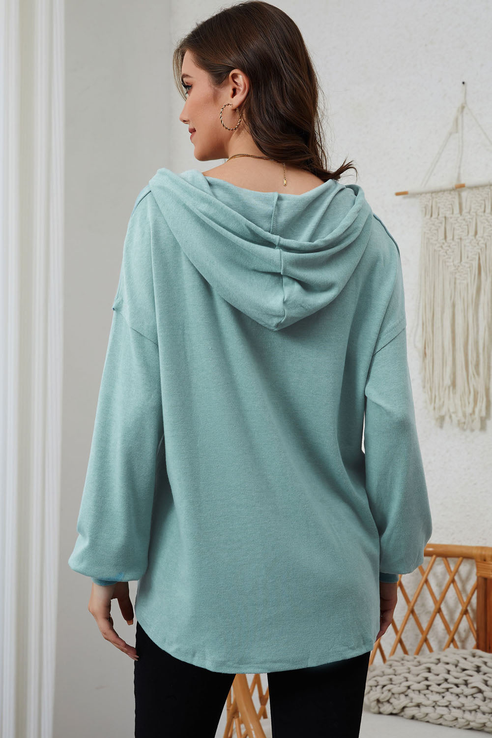 White Buttoned High and Low Hem Hoodie