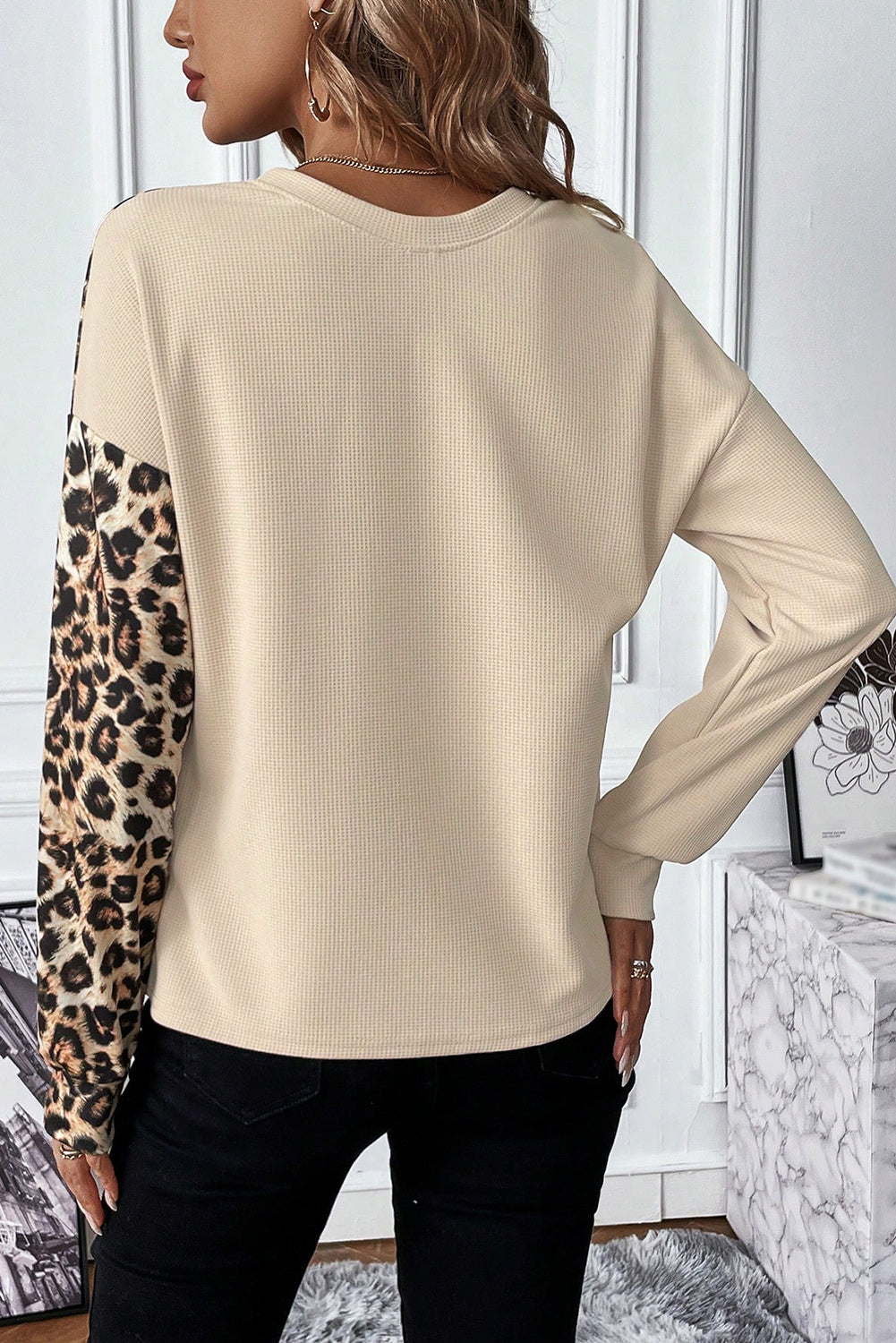 Bonbon Leopard Colorblock Waffle Knit Top