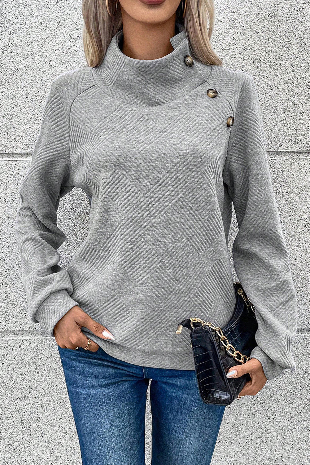 Textured Knit Buttoned Kangaroo Pocket Sweatshirt