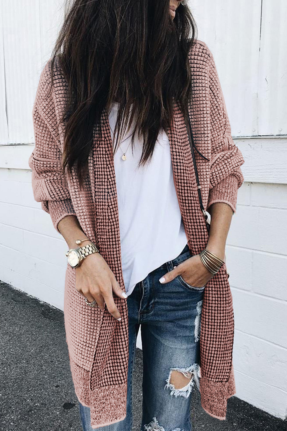 Plaid Knitted Long Open Front Cardigan