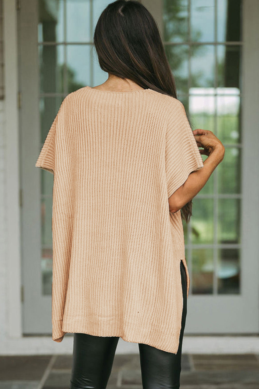 Rose Red Short Sleeve Side Slit Oversized Sweater