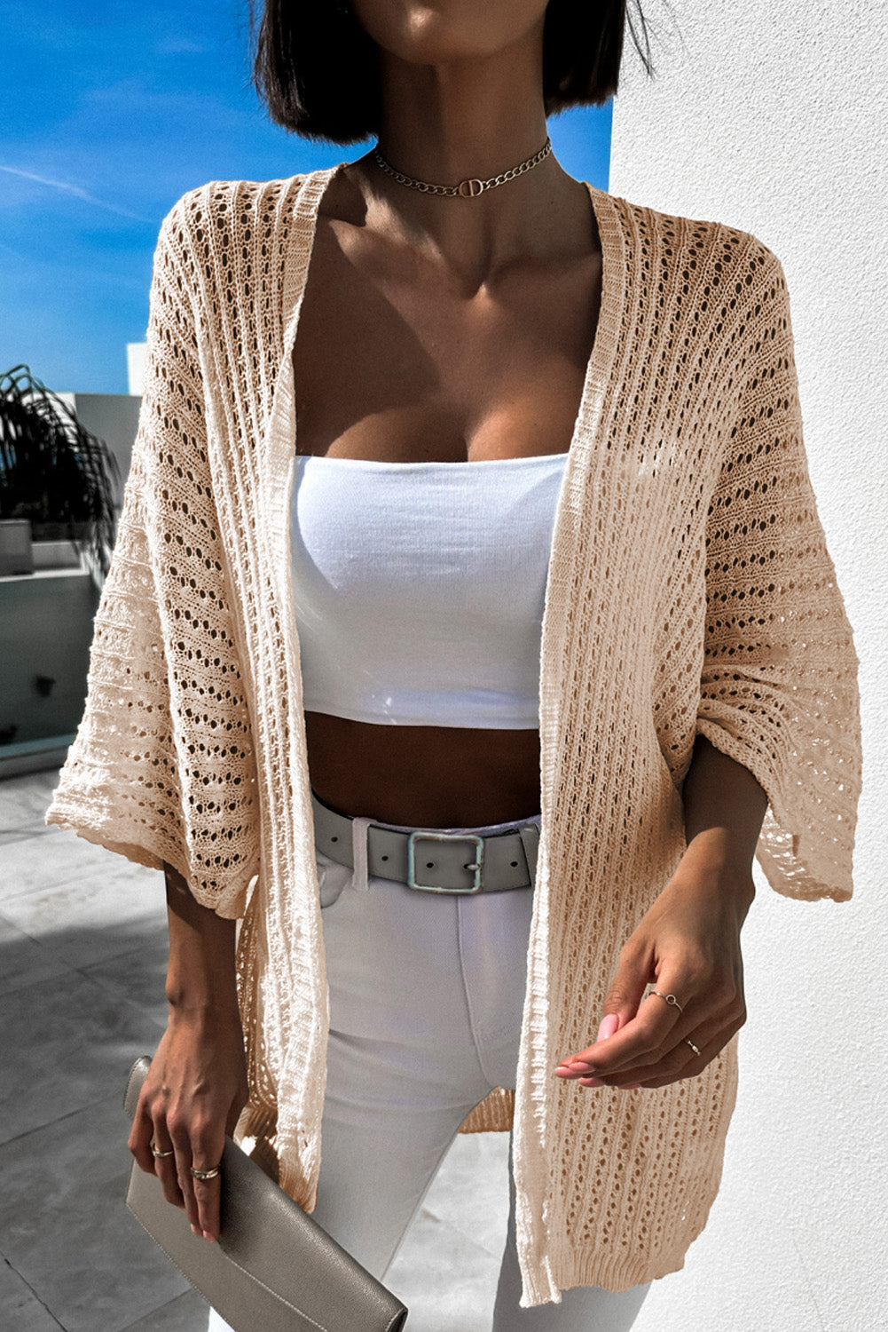 Khaki Hollow-out Bracelet Sleeve Knit Cardigan