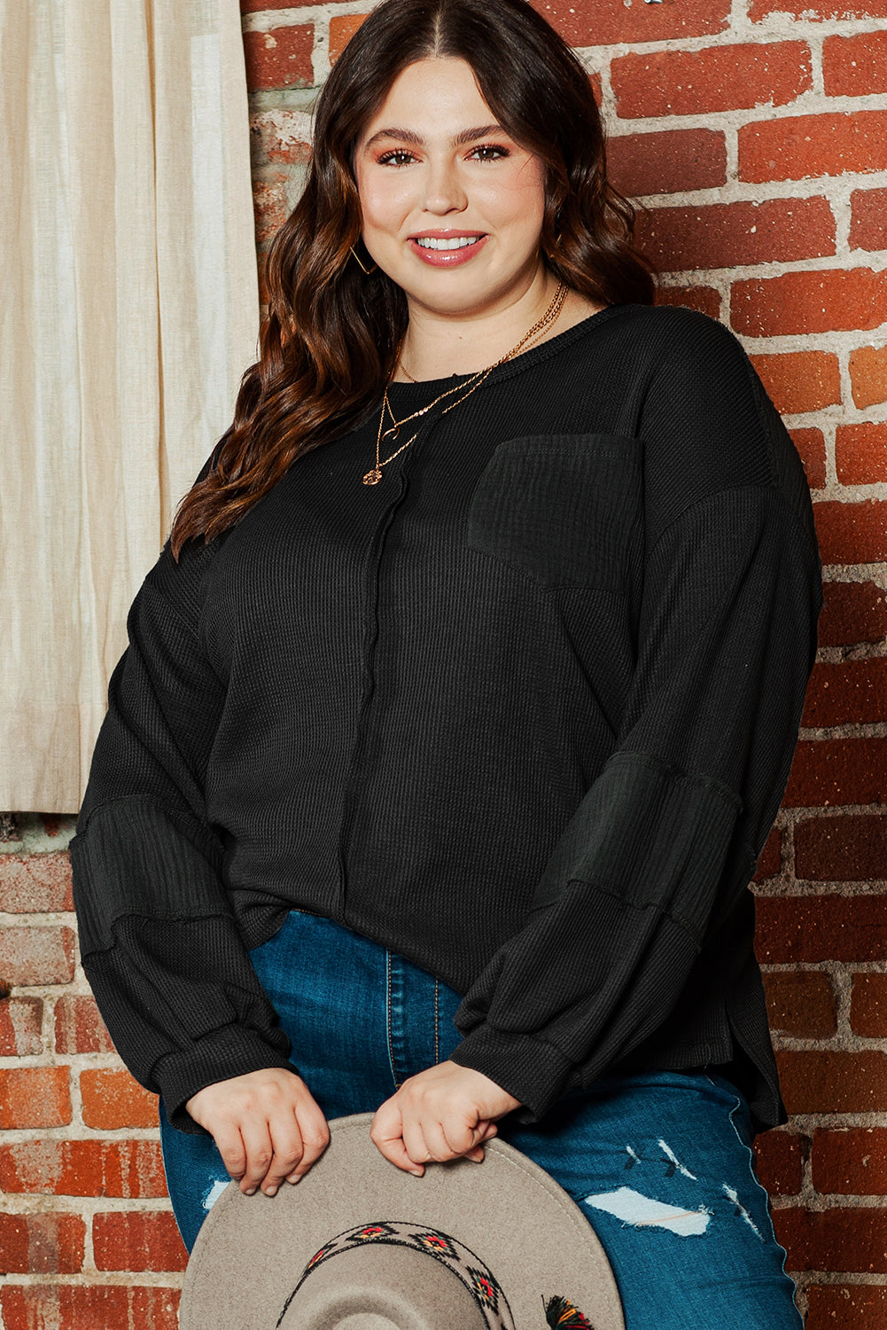 Dark Grey Plus Size Exposed Seam Crinkle Patchwork Top