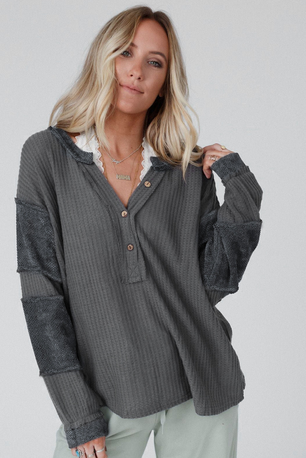 Contrast Patched Exposed Seam Waffle Knit Henley Top