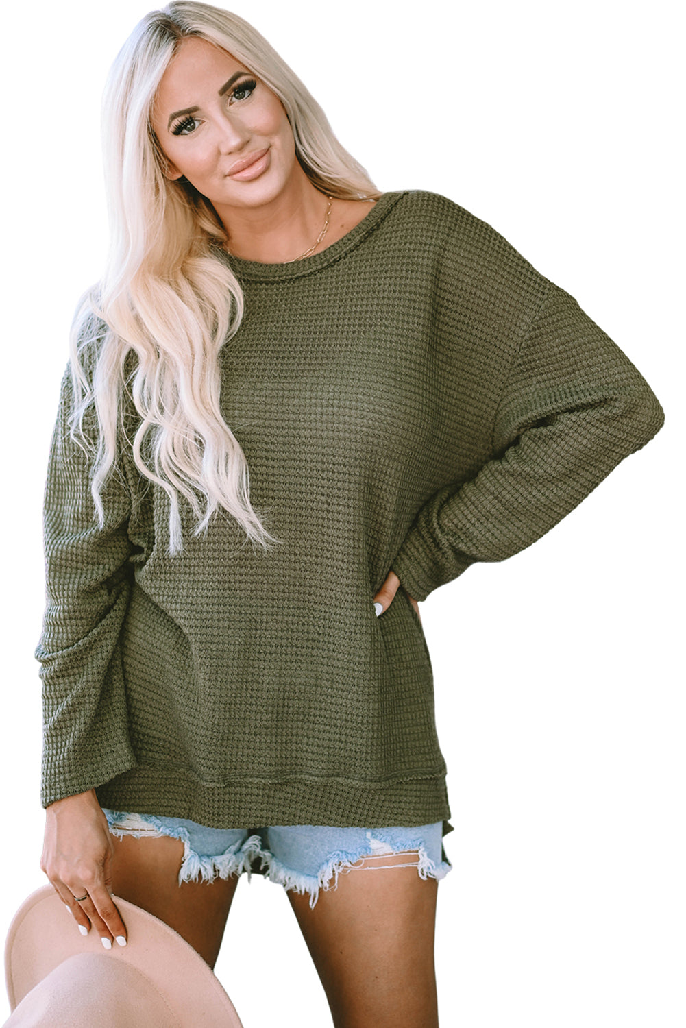 Moss Green Plus Size Textured Knit Long Sleeve Top