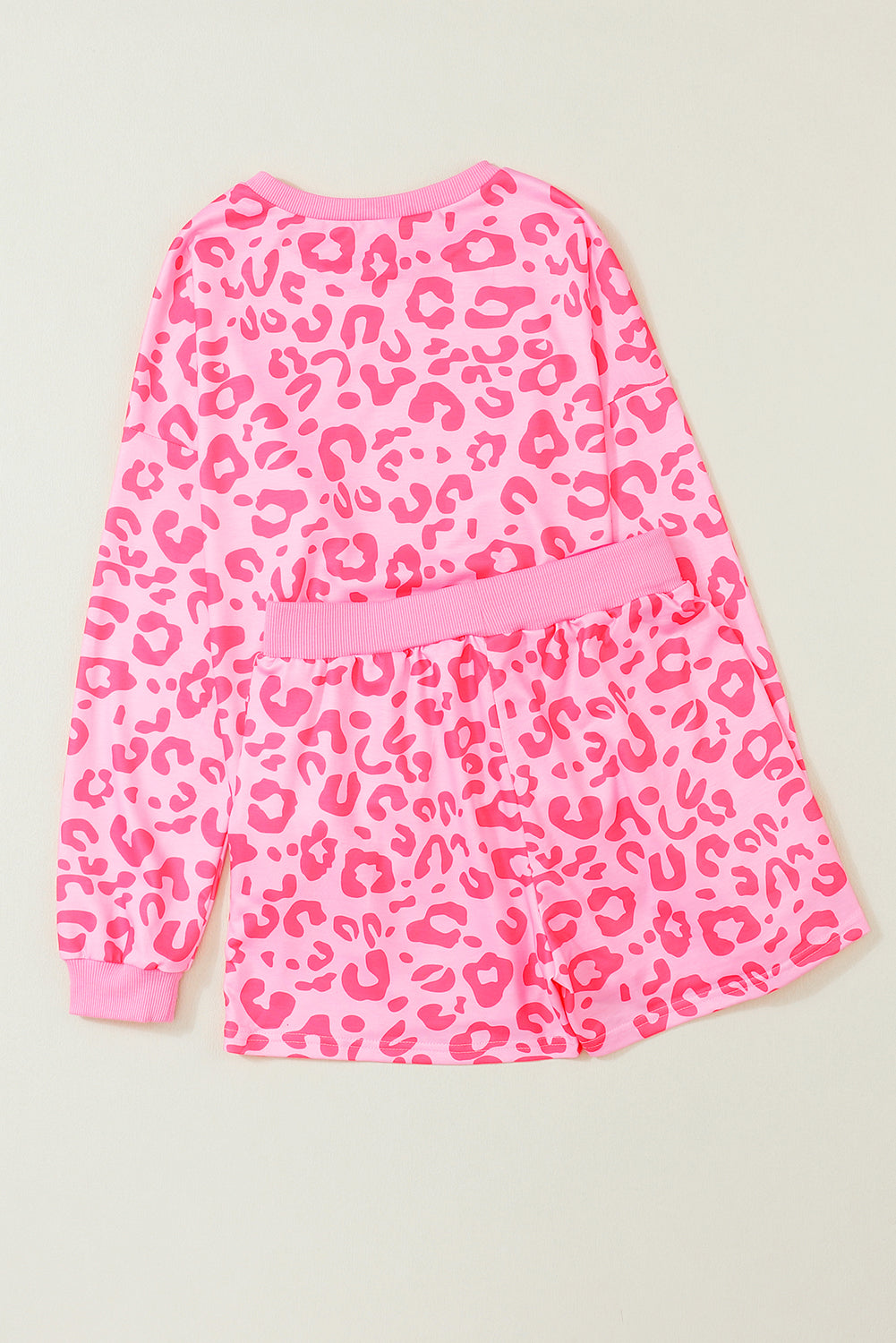 Pink Leopard Long Sleeve Satin Tie Shorts Two Piece Set