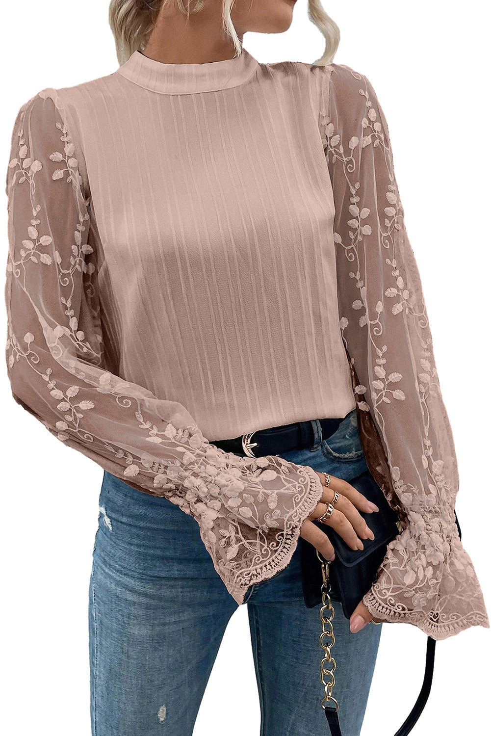 Contrast Lace Sleeve Mock Neck Textured Blouse