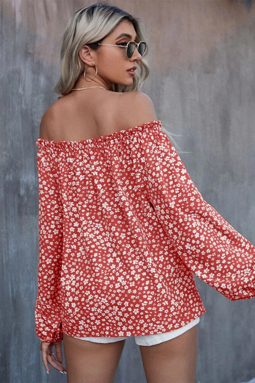 Floral Print Frill Trim Off-shoulder Lantern Sleeve Blouse